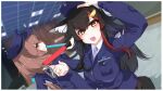  2girls animal_ear_fluff animal_ears black_hair blush brown_eyes brown_hair cuffs dog_ears dog_girl dog_tail hair_ornament hairpin handcuffs highres hiro_(phese) holding holding_handcuffs hololive inugami_korone long_hair looking_at_viewer medium_hair multicolored_hair multiple_girls ookami_mio open_mouth redhead security_guard smile streaked_hair tail tail_around_own_leg virtual_youtuber wolf_ears wolf_girl wolf_tail yellow_eyes 