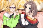  2girls aki_rosenthal animal_ear_fluff animal_ears bare_shoulders black_jacket blonde_hair blue_eyes blush cat_ears cat_girl collarbone commentary erubusubori extra_ears fingernails food forehead frilled_pillow frills glasses green_jacket green_nails hair_pulled_back holding holding_food holding_sandwich hololive horse_ears horse_girl jacket long_hair long_sleeves looking_at_viewer medium_hair multicolored_nails multiple_girls natsuiro_matsuri open_mouth parted_bangs parted_lips pillow pink_nails sandwich sleeves_past_wrists steepled_fingers upper_body violet_eyes virtual_youtuber 