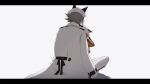  1boy aki_(aki_113) animal_ears animal_hat brown_hair collared_jacket commentary facing_away fake_animal_ears fox fox_ears fox_hat from_behind hat highres hug jacket jacket_on_shoulders letterboxed male_focus mysta_rias mysta_rias_(1st_costume) mystake_(mysta_rias) nijisanji nijisanji_en orange_shirt pants shirt short_hair simple_background sitting solo virtual_youtuber white_background white_headwear white_jacket white_pants 