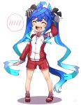  ahoge animal_ears arm_behind_head arm_up blue_hair chibi closed_eyes full_body highres horse_ears horse_girl horse_tail jacket long_sleeves open_mouth red_jacket red_shorts sharp_teeth shorts speech_bubble spoken_blush tail teeth thin_(suzuneya) tongue tracen_training_uniform track_jacket twin_turbo_(umamusume) twintails umamusume upper_teeth_only white_background zipper zipper_pull_tab 