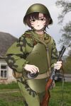  1girl absurdres ammunition_pouch armor bag blurry blurry_background body_armor brown_hair camouflage camouflage_jacket camouflage_pants chin_strap combat_helmet commentary day drum_magazine green_eyes gun gun_sling hair_between_eyes helmet highres holding holding_gun holding_weapon jacket keiita long_sleeves looking_at_viewer magazine_(weapon) messenger_bag military military_jacket military_uniform open_mouth original outdoors pants photo_background pouch ppsh-41 short_hair shoulder_bag soldier solo soviet soviet_army standing submachine_gun uniform upper_body weapon world_war_ii 