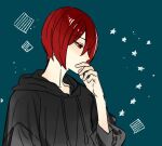  1boy aqua_background black_hoodie covered_mouth drawstring hagiwara_daisuke hand_on_own_face hand_up hood hood_down hoodie hori-san_to_miyamura-kun long_sleeves male_focus red_eyes redhead sengoku_kakeru short_hair simple_background solo star_(symbol) upper_body 