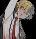  1boy black_coat blonde_hair blood blood_on_face coat highres limbus_company long_sleeves mu46016419 necktie parted_lips partially_colored project_moon red_necktie shirt sinclair_(limbus_company) solo suspenders tears white_shirt yellow_eyes 