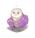  absurdres animal animal_focus beak bird english_text feathers highres jacket no_humans original owl potatomochii purple_jacket shadow talons white_background white_feathers 