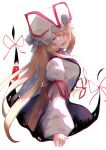  1girl absurdres blonde_hair breasts commentary_request cowboy_shot darkness dress gap_(touhou) hair_between_eyes hair_over_one_eye hat hat_ribbon highres large_breasts long_bangs long_hair long_sleeves looking_at_viewer mob_cap mole mole_under_mouth open_mouth purple_dress red_ribbon ribbon sidelocks simple_background sleeve_ribbon smile solo sotatsudraw touhou two-tone_dress very_long_hair violet_eyes white_background white_dress white_headwear wide_sleeves yakumo_yukari 