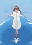  1girl absurdres brown_hair clenched_hands closed_eyes closed_mouth day dress highres long_hair original outdoors potatomochii soaking_feet solo water white_dress 