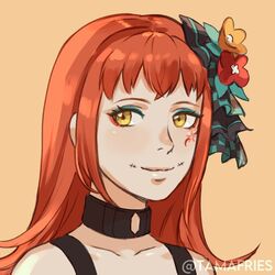  1girl black_choker choker eyeshadow fire_emblem fire_emblem_engage highres long_hair looking_at_viewer makeup orange_hair panette_(fire_emblem) red_eyeshadow short_bangs sidelocks smile tamafry yellow_eyes 