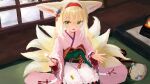  1girl animal_ear_fluff animal_ears apron arknights blonde_hair coin_purse colored_tips commentary_request flower fox_ears fox_girl fox_tail frilled_apron frills green_eyes h.yasai hair_flower hair_ornament hairband highres indoors japanese_clothes kimono kitsune kyuubi long_sleeves looking_at_viewer mimikaki multicolored_hair multiple_tails obi official_alternate_costume open_mouth pink_kimono pinwheel red_hairband sash seiza sitting solo suzuran_(arknights) suzuran_(yukibare)_(arknights) tail two-tone_hair waist_apron white_apron white_hair wide_sleeves 