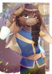 animal_ears armor black_pants blue_shirt blurry blurry_background braid brown_eyes brown_hair closed_mouth commentary_request commission cowboy_shot curled_horns depth_of_field furry green_eyes hair_over_shoulder hand_up heterochromia horns kou_hiyoyo long_hair long_sleeves looking_at_viewer original pants pauldrons puffy_long_sleeves puffy_sleeves shirt shoulder_armor single_braid skeb_commission solo standing tail 