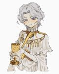  1boy blush cropped_torso cup dark_souls_(series) dark_souls_i dark_sun_gwyndolin dress grey_dress grey_hair highres holding holding_cup long_sleeves no_headwear otoko_no_ko parted_bangs short_hair simple_background solo sweatdrop teeth upper_body violet_eyes white_background zunkome 