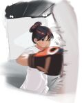  1girl absurdres black_eyes boxing boxing_gloves brown_hair closed_mouth hair_bun highres indoors motion_blur original potatomochii punching punching_bag shirt solo white_shirt 