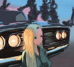  1girl absurdres blonde_hair car green_eyes green_shirt headlight highres long_hair motor_vehicle original outdoors potatomochii shirt solo toothpick tree 