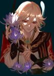  1boy black_gloves blonde_hair blue_background cape closed_mouth earrings elbow_gloves feather_hair_ornament feathers fingerless_gloves flower genshin_impact gloves gold_trim hair_between_eyes hair_ornament hand_up highres holding holding_flower jewelry kaveh_(genshin_impact) leaf long_sleeves looking_down male_focus mandarin_collar puffy_long_sleeves puffy_sleeves purple_flower red_cape red_eyes ring shirt short_hair simple_background solo tubakkkki65 upper_body white_shirt 