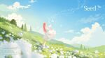  1girl anniversary bare_legs blurry blurry_foreground chinese_text clear_sky clouds dandelion dated day dress english_commentary english_text field flower flower_field grass hill holding holding_flower infinity_nikki long_hair looking_up miracle_nikki nikki_(miracle_nikki) official_art outdoors pink_hair ribbon shining_nikki sky solo tree white_dress white_footwear wind 