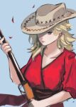  1girl absurdres blonde_hair blue_background closed_mouth cowboy_hat dress green_eyes gun hat highres holding holding_gun holding_weapon long_hair looking_at_viewer original potatomochii red_dress rifle solo weapon 