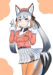  1girl animal_ears blazer extra_ears fox_ears fox_girl fox_tail gloves grey_hair hat highres island_fox_(kemono_friends) jacket kemono_friends kemono_friends_v_project long_hair looking_at_viewer multicolored_hair necktie ni_daco orange_hair pantyhose ribbon shirt simple_background skirt solo tail twintails two-tone_hair virtual_youtuber yellow_eyes 