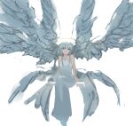  1girl absurdres angel angel_wings closed_mouth dress feathered_wings halo highres invisible_chair long_hair multiple_wings original potatomochii sitting solo white_dress white_hair wings 