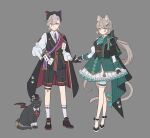  1boy 1girl absurdres alternate_costume animal_ears animal_hat black_bow black_cat black_footwear black_gloves black_headwear black_shorts bow breasts brother_and_sister cat cat_ears cat_girl cat_tail crossed_legs dress facial_mark fingerless_gloves full_body genshin_impact gloves grey_background grey_hair hair_between_eyes hair_bow hand_on_own_hip hat highres long_hair long_sleeves lynette_(genshin_impact) lyney_(genshin_impact) papajay_(jennygin2) paw_print shirt shorts siblings simple_background socks standing star_(symbol) star_facial_mark tail teardrop_facial_mark very_long_hair violet_eyes watson_cross 