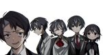  1girl 1other 3boys ayin_(project_moon) black_capelet black_eyes black_hair black_shirt capelet catt_(wonder_lab) closed_eyes closed_mouth coat e.g.o_(project_moon) expressionless highres library_of_ruina limbus_company lobotomy_corporation moses_(the_distortion_detective) mu46016419 multicolored_hair multiple_boys open_mouth project_moon roland_(library_of_ruina) shirt simple_background streaked_hair the_distortion_detective trait_connection white_background white_coat white_shirt wonderlab yi_sang_(limbus_company) 