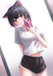  1girl absurdres animal_ears arm_behind_back black_hair black_shorts blue_archive breasts cat_ears cellphone dolphin_shorts halo highres holding holding_phone kazusa_(blue_archive) looking_at_viewer medium_breasts midriff_peek navel phone red_eyes shira_jun shirt shorts sitting smartphone solo standing white_shirt 