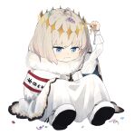  1boy ahoge blue_eyes chibi cloak closed_mouth confetti dot_nose fate/grand_order fate_(series) frown fur-trimmed_cloak fur_trim grey_hair holding juliet_sleeves knees_up long_sleeves looking_down male_focus ninjin_(ne_f_g_o) oberon_(fate) puffy_sleeves robe sash short_hair simple_background sitting solo white_background white_cloak white_footwear white_robe 