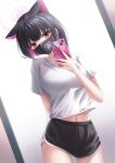  1girl absurdres animal_ears arm_behind_back black_hair black_mask black_shorts blue_archive breasts cat_ears cellphone dolphin_shorts halo highres holding holding_phone kazusa_(blue_archive) looking_at_viewer mask medium_breasts midriff_peek mouth_mask navel phone red_eyes shira_jun shirt shorts sitting smartphone solo standing white_shirt 