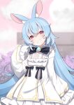  absurdly_long_hair absurdres animal_ear_fluff animal_ears black_ribbon blue_hair blurry depth_of_field dress frilled_dress frills hair_between_eyes hand_up highres indie_virtual_youtuber long_hair moon nanobites rabbit_ears rabbit_girl red_eyes ribbon smirk smug valefal_coneri very_long_hair virtual_youtuber white_dress 