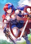  1girl alear_(female)_(fire_emblem) alear_(fire_emblem) blue_eyes blue_hair creyton dual_wielding fire_emblem fire_emblem_engage heterochromia highres holding holding_sword holding_weapon multicolored_hair red_eyes redhead solo sword tiara two-tone_hair weapon 