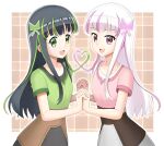 2girls black_hair green_eyes green_hair green_t-shirt itai_no_wa_iya_nano_de_bougyoryoku_ni_kyokufuri_shitai_to_omoimasu may_(bofuri) pink_eyes pink_hair pink_t-shirt sisters white_hair yui_(bofuri)