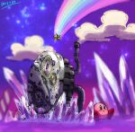  artist_name blue_eyes blush_stickers clouds commentary_request crystal gears highres kirby kirby_(series) machine no_humans parted_lips rainbow shooting_star sitting smoke smokestack solo space star_(symbol) takenokonoko warp_star 