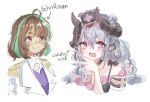  2girls :d brown_hair buttons chikafuji_lisa double-breasted echorosen epaulettes fang glasses green_hair grey_hair hat horns indie_virtual_youtuber multicolored_hair multiple_girls nurse_cap open_mouth sheep_girl sheep_horns skin_fang smile streaked_hair tsunderia virtual_youtuber watch wwparasi 