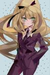  1girl blonde_hair blue_background business_suit celine_(fire_emblem) dotted_background fire_emblem fire_emblem_engage green_eyes hand_in_pocket highres long_hair necktie ruuu_ran_ran simple_background solo suit 
