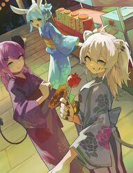  3girls ahoge animal_ears black_hair blue_kimono candy_apple demon_tail floral_print floral_print_kimono food food_stand grey_hair grey_kimono grin highres hololive japanese_clothes kimono looking_at_viewer mato_(target5260) multiple_girls open_mouth print_kimono purple_hair purple_kimono rabbit_ears shishiro_botan smile summer_festival tail takoyaki tokoyami_towa usada_pekora virtual_youtuber yukata 