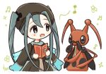  1girl aoiyui blue_eyes blue_hair book brown_headwear bug bug_miku_(project_voltage) chibi dress hair_between_eyes hat hatsune_miku holding holding_book kricketune long_hair long_sleeves musical_note open_mouth pokemon pokemon_(creature) project_voltage signature simple_background twintails very_long_hair vocaloid white_background 