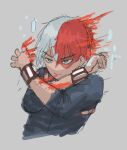  1boy absurdres boku_no_hero_academia burn_scar fire grey_background highres ice male_focus multicolored_hair potatomochii redhead scar scar_on_face short_hair solo split-color_hair superhero todoroki_shouto two-tone_hair white_hair 