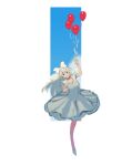  1girl :d absurdres balloon blonde_hair blue_eyes blue_sky bow clouds dress floating hair_bow highres holding holding_balloon long_hair looking_at_viewer midair open_mouth original potatomochii sky smile solo white_bow white_dress 