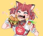  4shi ahoge akami_karubi animal_ears apron blue_eyes blue_ribbon blush burger cat_ears cat_girl collar collarbone commission cup disposable_cup drinking_straw eating fangs food frilled_apron frills hair_ribbon highres holding holding_cup holding_food indie_virtual_youtuber medium_hair messy metal_collar open_mouth paw_print pinky_out pixiv_commission red_ribbon redhead ribbon sharp_teeth sidelocks simple_background soda teeth tongue tongue_out twintails upper_body virtual_youtuber yellow_background 