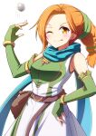 1girl ;p bare_shoulders blue_scarf blush cath_(fire_emblem) commentary_request dress elbow_gloves fingerless_gloves fire_emblem fire_emblem:_the_binding_blade gloves green_gloves green_ribbon hair_ribbon highres looking_at_viewer minamonochaba one_eye_closed orange_eyes orange_hair partial_commentary ribbon scarf sleeveless sleeveless_dress solo tongue tongue_out white_background 