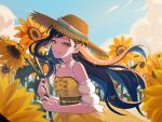  1girl black_hair butterfly_hair_ornament buttons clouds commentary detached_sleeves earrings english_commentary field flower flower_field hair_ornament hat highres holding holding_flower jewelry leaf long_hair looking_at_viewer necklace official_alternate_costume orange_eyes outdoors project_sekai shiraishi_an smile solo sun_hat sunflower sunflower_earring sunflower_field teeth the_vivid_old_tale_(project_sekai) upper_body yk62 