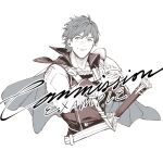  1boy armor cape chrom_(fire_emblem) commission crossed_arms falchion_(fire_emblem) fire_emblem fire_emblem_awakening krazehkai looking_at_viewer male_focus monochrome muscular muscular_male short_hair shoulder_armor smile solo sword upper_body weapon white_background 