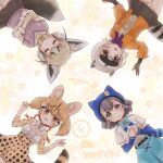  4girls absurdres animal_ears anniversary beret black_gloves blonde_hair blue_bow blue_bowtie blue_headwear blue_skirt blue_sleeves blush bow bowtie breast_pocket brown_hair brown_skirt cat_ears cat_girl cat_tail center_frills choker closed_eyes crab-eating_raccoon_(kemono_friends) detached_sleeves elbow_gloves epaulettes fox_ears fox_girl fox_tail frills fur_trim gloves grey_hair hair_between_eyes hat high-waist_skirt highres hikari_(kemono_friends) jacket japari_symbol kemono_friends kemono_friends_3 kuromitsu_(9633_kmfr) large-spotted_genet_(kemono_friends) long_sleeves multicolored_hair multiple_girls open_clothes open_jacket open_mouth orange_jacket pink_sweater pleated_skirt pocket print_skirt print_sleeves puffy_sleeves purple_bow purple_bowtie raccoon_ears raccoon_girl raccoon_tail red_choker rueppell&#039;s_fox_(kemono_friends) safari_jacket shirt short_sleeves short_twintails sidelocks skirt smile sweater tail thigh-highs translation_request twintails two-tone_hair white_fur white_hair white_shirt yellow_bow yellow_bowtie yellow_eyes yellow_gloves zettai_ryouiki 