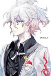  1boy black_ribbon black_shirt breast_pocket brown_hair collared_shirt danganronpa_(series) danganronpa_10th_anniversary_costume danganronpa_2:_goodbye_despair grey_eyes grey_hair hair_between_eyes jacket komaeda_nagito male_focus messy_hair neck_ribbon official_alternate_costume open_clothes open_jacket pale_skin parted_lips pocket print_jacket ribbon shirt simple_background solo teeth tetose upper_body white_background white_ribbon 