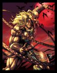  1boy armor bat_(animal) blonde_hair breastplate brown_eyes castlevania danmakuman full_moon headband holding holding_whip long_hair looking_at_viewer male_focus moon muscular muscular_male red_moon simon_belmont solo standing vambraces weapon 