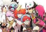  3boys 3girls ahoge atticus_(pokemon) baseball_cap black_gloves black_hair black_lips blonde_hair blue_eyes blue_hair cane closed_eyes collar collared_shirt detached_sleeves eri_(pokemon) eyelashes facepaint fiery_clothing fingerless_gloves freckles giacomo_(pokemon) glasses gloves green_eyes grey_eyes grey_hair hat headphones highres holding holding_cane hood hoodie long_hair mela_(pokemon) multicolored_hair multiple_boys multiple_girls neck_ribbon nuinu_nui open_mouth ortega_(pokemon) partially_fingerless_gloves penny_(pokemon) pink_hair pointy_hair pokemon pokemon_(game) pokemon_sv redhead ribbon round_eyewear shirt short_hair smile team_star tiara two-tone_hair uva_academy_(emblem) v vest viewfinder violet_eyes white_headwear 