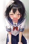 1girl aoi_saki_(senpai_wa_otokonoko) black_hair blue_sailor_collar blue_skirt blurry blurry_background blush bow bowtie closed_eyes collarbone commentary exhausted facing_viewer hair_between_eyes hands_on_own_knees highres leaning_forward open_mouth pleated_skirt pomu_(joynet) red_bow red_bowtie sailor_collar school_uniform senpai_wa_otokonoko serafuku shirt short_hair short_sleeves signature sitting skirt solo sweat sweatdrop upper_body v-shaped_eyebrows wavy_mouth white_shirt 