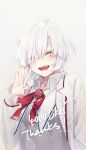  1girl absurdres fuyuhi_tsukika highres jacket jewelry long_sleeves neck_ribbon non-web_source open_clothes open_jacket open_mouth original ribbon shirt upper_body white_background white_hair white_shirt 