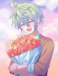 1boy :d amami_rantaro antenna_hair blush bouquet brown_jacket closed_eyes clouds danganronpa_(series) danganronpa_v3:_killing_harmony day flower green_hair hair_between_eyes happy highres holding holding_bouquet jacket long_sleeves official_alternate_costume open_mouth outdoors rose ru_nru_n_(kei05972312) smile solo 