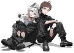  2boys :d absurdres alternate_costume black_choker black_footwear black_nails black_pants black_shirt brown_eyes brown_hair choker danganronpa_(series) danganronpa_2:_goodbye_despair fug_uai grey_hair happy highres hinata_hajime knees_up komaeda_nagito long_sleeves male_focus multiple_boys nail_polish open_mouth pants shirt short_hair short_sleeves simple_background sitting smile striped striped_headwear sweatdrop teeth white_background 