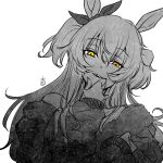  1girl animal_ears artist_logo ear_bow greyscale hand_on_own_chin hand_up horse_ears long_hair long_sleeves looking_at_viewer mayano_top_gun_(umamusume) monochrome multicolored_hair nishioki_tama off_shoulder open_mouth smile solo spot_color straight-on stroking_own_chin two-tone_hair umamusume upper_body yellow_eyes 