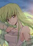  1girl bare_shoulders breasts c.c. closed_mouth code_geass collarbone creayus dress eyebrows_hidden_by_hair green_hair hair_between_eyes hand_up large_breasts long_hair looking_at_viewer parted_lips shirt sideboob sky smile solo upper_body white_dress white_shirt yellow_eyes 